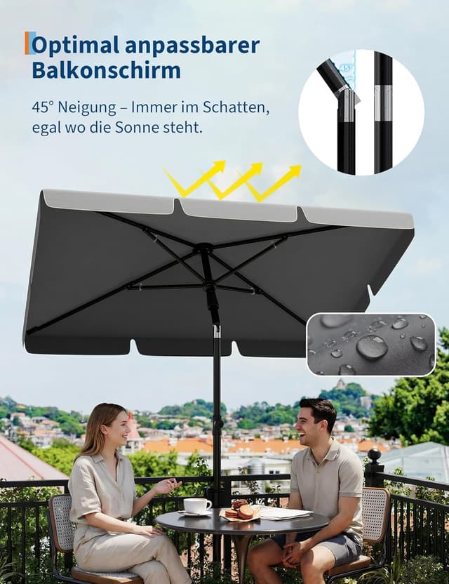 Detalle de GarveeHome Balkon-Sonnenschirm 200x125 cm mit Schirmhülle, UV50+ anthrazit – rechteckig, knickbar & höhenverstellbar