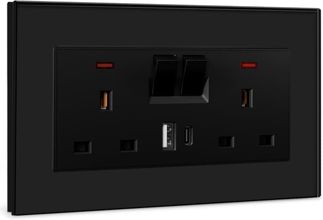 Detalle de BSEED Double 13A switched socket with 2× USB-A and USB-C (18W) and glass panel – Black, UK standard
