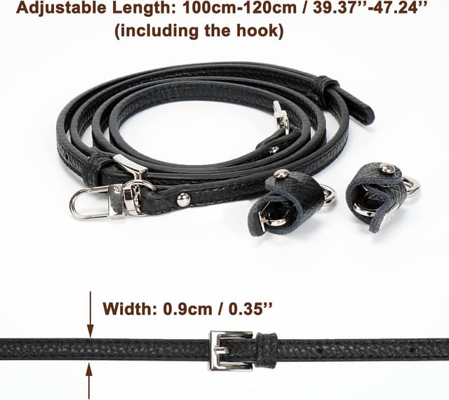 Detalle de Flyamapirit Schultergurt-Ersatz für Longchamp Taschen – Ledergurt mit verstellbarer Länge (0,9 cm breit, Schwarz + Silberhaken)