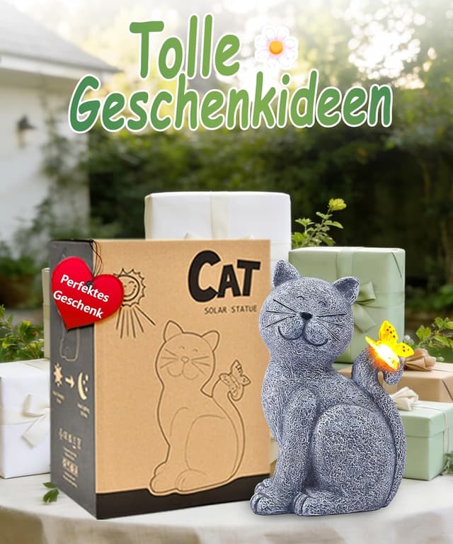 Detalle de Yeomoo Katzenfigur mit Solar-Schmetterling aus Harz – Deko für Balkon, Garten & Wohnzimmer (grau)