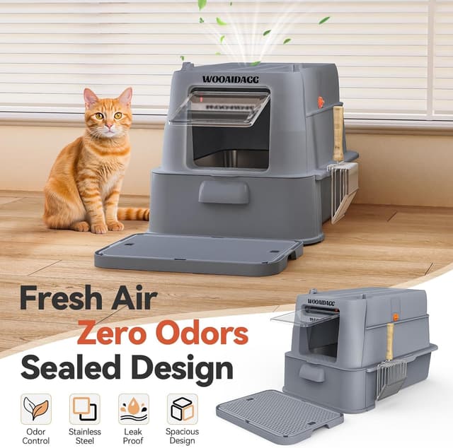 Detalle 2 de Wooaidagg Edelstahl-Katzentoilette mit Deckel und Geruchskontrolle (geschlossen, mit Aktivkohlefilter) – dunkelgrau