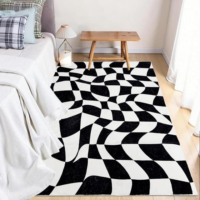 Detalle de USTIDE Large Black and White Checkered Rug, 120x180cm – washable fluffy indoor area rug