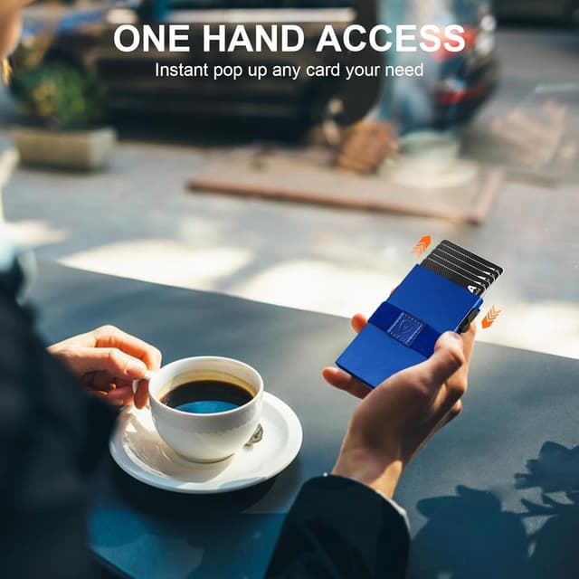 Detalle de TOYFID Smart Wallet für Herren: Kartenhülle für bis zu 12 Karten inkl. RFID-Blocker & Auswurftaste, Aluminium, Blau