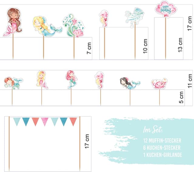 Detalle 2 de Papierdrachen Meerjungfrau Cake Topper Set 19-teilig
