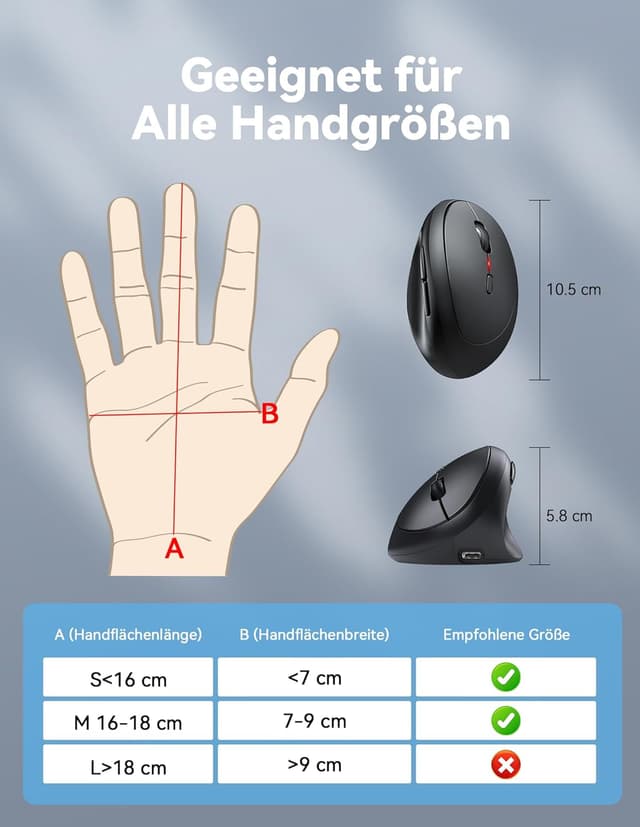 Detalle de TECKNET ergonomische Bluetooth-Maus (BT 5.0/3.0 + 2,4G), wiederaufladbar, 3-Geräte, 6 Tasten, 4800 DPI