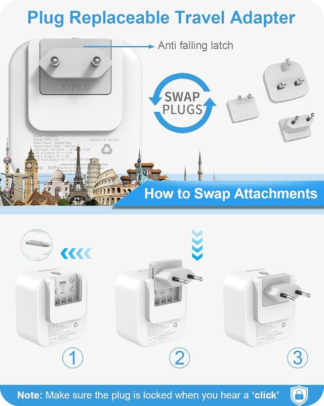 Detalle de Reisestecker Weltweit Universal-Reiseadapter 6-in-1 mit USB-C & USB-A (Japan/Europa/England, 3 Stecksysteme)