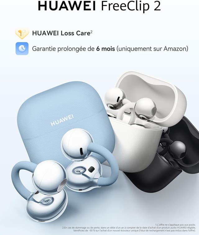 Detalle de HUAWEI FreeClip 2 : écoute ouverte Bluetooth confortable, appels clairs et jusqu’à 38 h d’autonomie