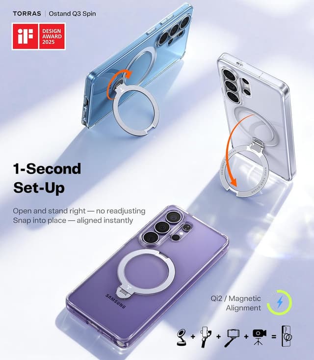 Detalle de TORRAS Q3 Spin Case with Kickstand for Samsung Galaxy S26 Ultra (Clear, MagSafe-compatible)