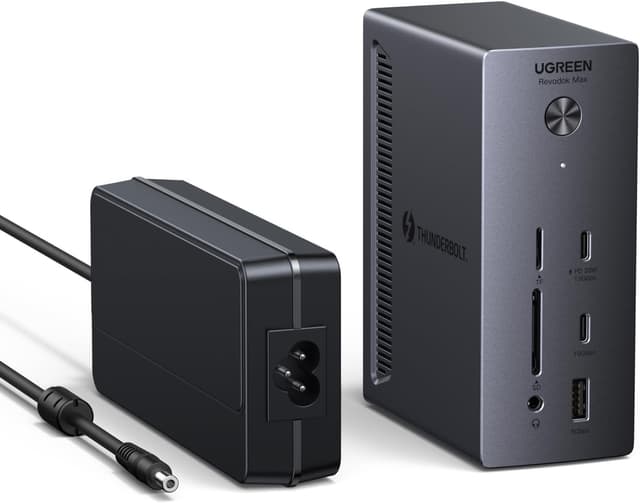Detalle de UGREEN Revodok Max Dock Thunderbolt 4 13 in 1 con 2 porte TBT4, DisplayPort, RJ45 e doppio slot SD/TF