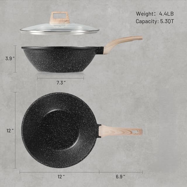 Detalle 2 de CAROTE Non Stick Wok with Lid 12''/5.3QT Woks & Stir-Fry Pan