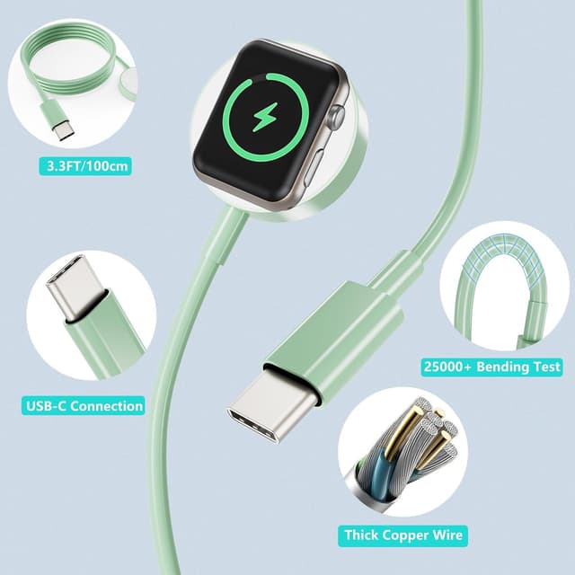 Thumbnail 6 de Upgraded 2 Pack USB-C Magnetic Apple Watch Charger Cable (MFi Certified) – 1m, Green