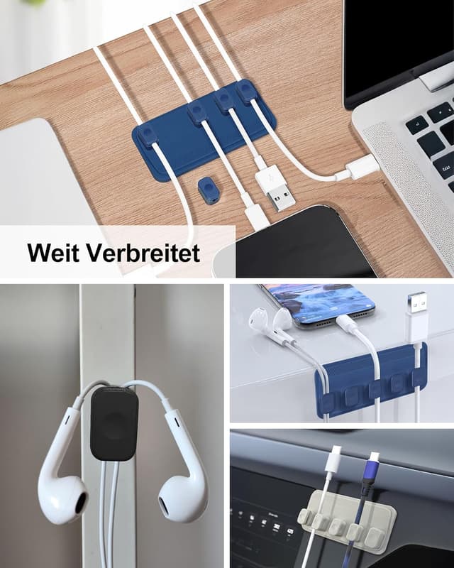 Detalle de Magnetischer Kabelhalter mit 5 variablen Magnetclips für Lightning, USB-C & Mikro-Kabel – universeller Kabelmanager (Blau)
