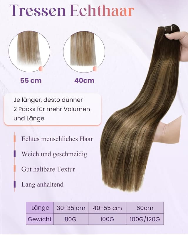 Thumbnail 1 de LaaVoo Echthaar Tressen Extensions zum Einnähen – Braun Balayage 50 cm, Weft 100 g (#4/27/4)