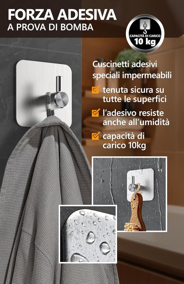 Detalle de 4smile ganci adesivi in acciaio inox SET 6 porta asciugamani antiruggine da parete (argento)