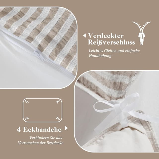 Detalle de SOULFUL Bettwäsche-Set 155x220 aus Baumwolle, gestreift & Jacquard, braun (mit Reißverschluss, OEKO-TEX 100)