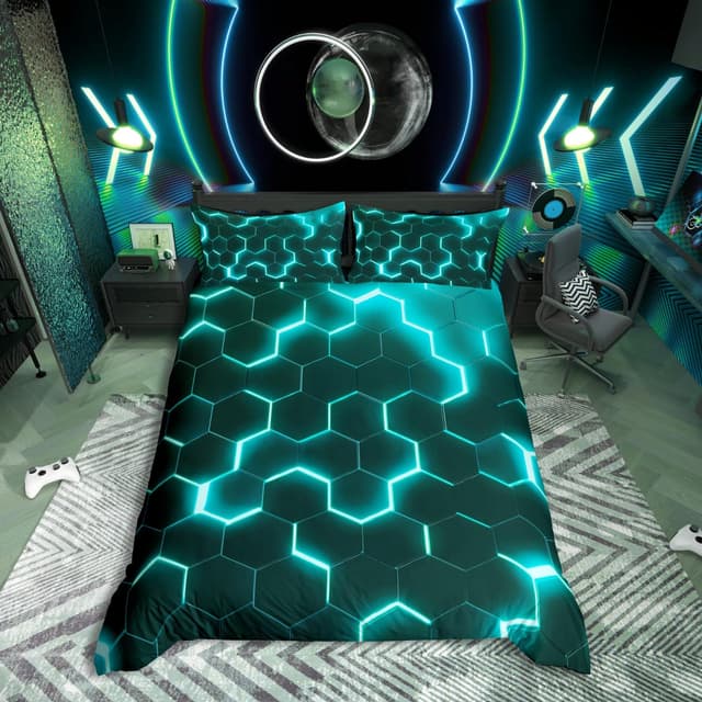 Detalle de Homewish Teal Black King Neon Turquoise Geometric Honeycomb Reversible Duvet Cover Set