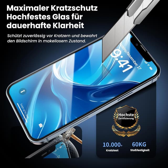 Detalle 2 de DEINODON Panzerglas für iPhone 13 Pro/13/14/16e/17e (Auto-Montage, 9H+ Full Screen) – 2 Stück, blasenfrei