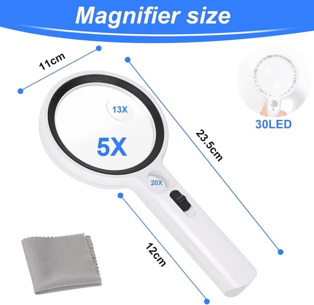 Detalle 2 de Lente d’ingrandimento 30 LED 5x/13x/20x con luce e UV per lettura, ispezione e gioielli
