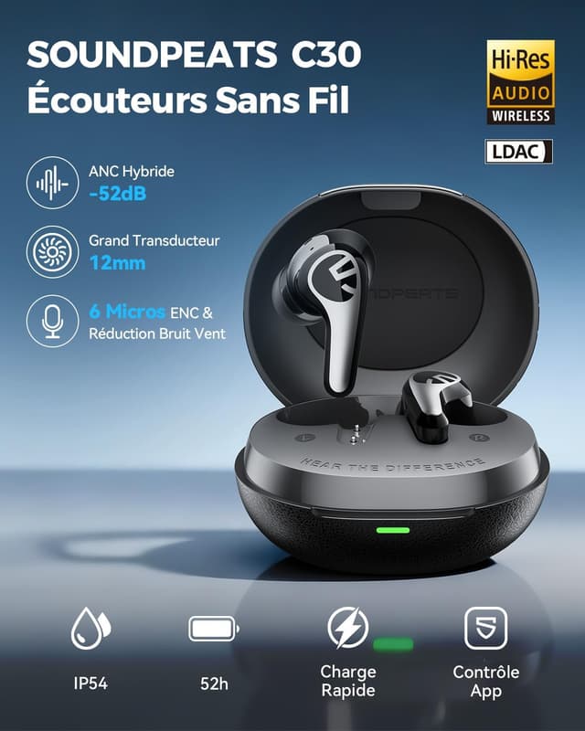 Detalle 2 de SoundPEATS C30 Écouteurs Bluetooth 52H
