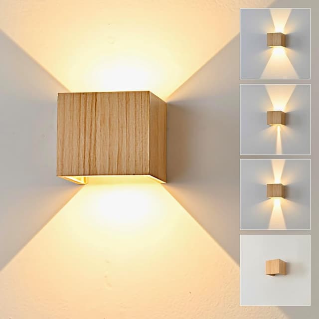 Detalle de Doughelec LED-Wandleuchte aus Holz, 6 W, 3000 K warmweiß – innen, IP20, up & down, einstellbarer Abstrahlwinkel