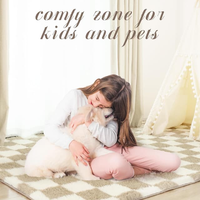 Detalle 2 de Toohub Super Soft 6x9 Ft Beige and White Checkered Shaggy Area Rug (Non-Skid, High Pile)