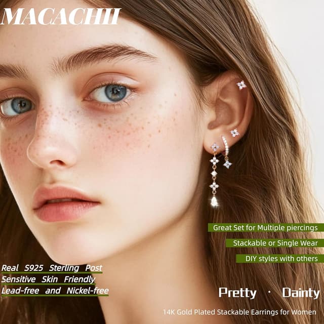 Detalle de Macachii 3 Pairs Sterling Silver Earrings Set (blue flower studs, hoops & huggies)