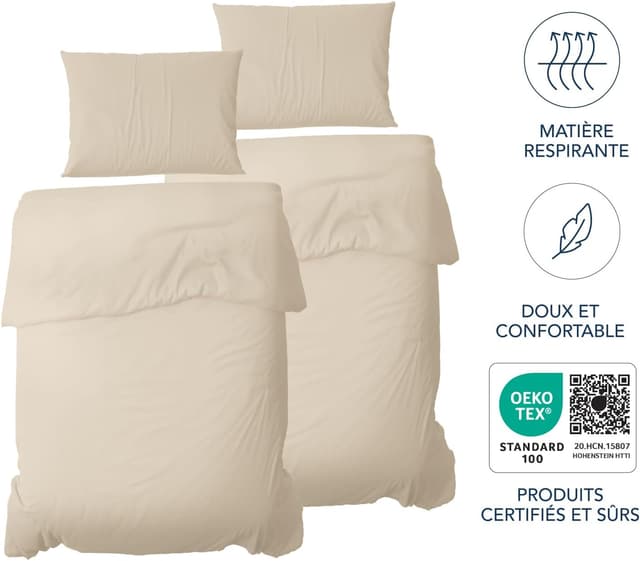 Detalle de Dreamzie – Lot de 2 housses de couette 135x200 avec 2 taies 80x80 en microfibre douce beige (parure 4 pièces, Oeko-Tex)