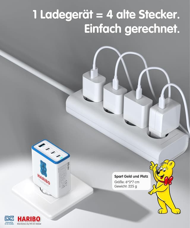 Detalle de HARIBO 100W USB-C Ladegerät 4-Port Netzteil (3× USB-C + 1× USB-A) mit PD/PPS, Blau