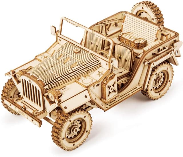 Detalle de ROKR Modello di auto in legno 3D Army Jeep, modellino meccanico da costruire