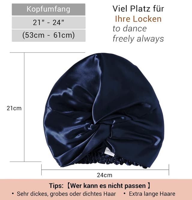 Detalle 2 de LaCourse verstellbare Schlafhaube aus 100% Maulbeerseide (22 Momme, 6A) in Blau – mit rutschfestem Gummiband