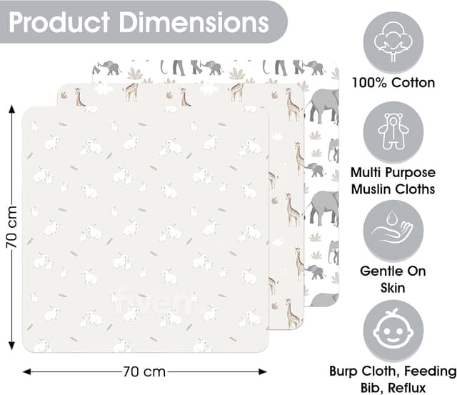 Thumbnail 5 de Large Baby Muslin Cloths Pack of 6 70 x 70 cm