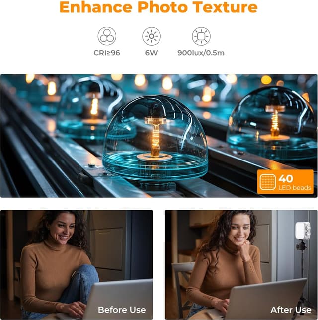 Detalle de K&F CONCEPT Magnetic Camera Light (15 effects) 2500K–9900K CRI 96+ Rechargeable LED Fill Light, White