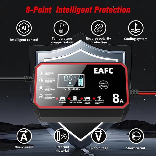 Thumbnail 6 de EAFC 12V 8A Smart Car Battery Charger with Pulse Repair Mode (LCD) – AGM, GEL, WET & LiFePO4