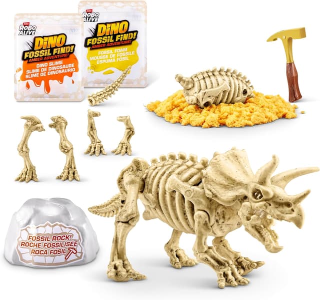 Detalle de ROBO ALIVE Fossil Find Amber Adventure di ZURU con Triceratops, scatola da scoprire e dinosauro giocattolo