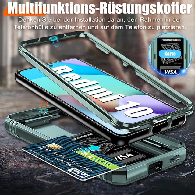 Detalle de Giyer Handyhülle für Xiaomi Redmi 10 mit Schutzfolie – stoßfestes Case mit Kameraschutz, 360° Metallring und Ständer (Minzgrün)