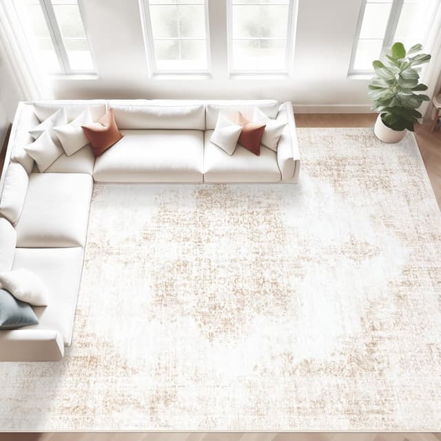 Detalle de Vintage 8x10 Washable Area Rug (Beige) – Soft Low Pile, Non-Slip Backing