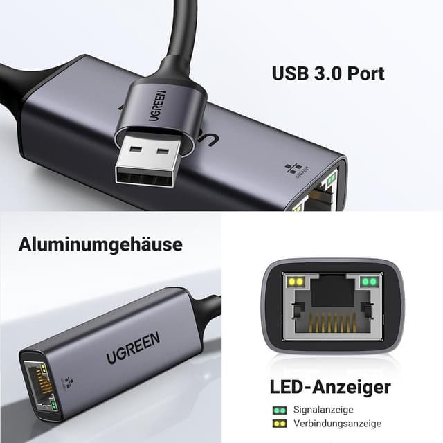 Detalle de UGREEN LAN Adapter 1000 Mbps USB-zu-RJ45 (USB 3.0, Aluminium, Schwarz) – für Switch, Mi Box, Laptop und mehr