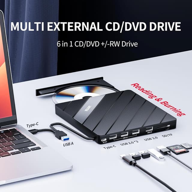 Detalle de UNITEK externes CD-/DVD-Laufwerk USB 3.0 Typ-C mit SD/TF-Kartenleser
