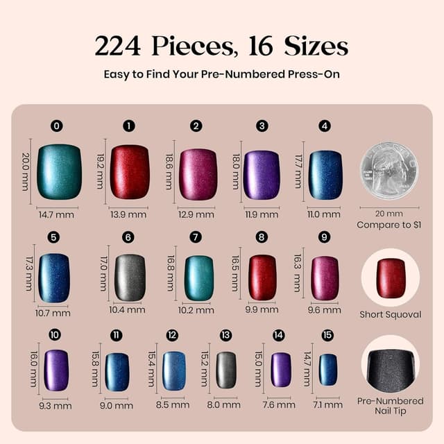 Detalle de Beetles X Press Cat Eye Nails (7 Colors) — Short Square Press-On Set, 16 Sizes (224 Pieces)