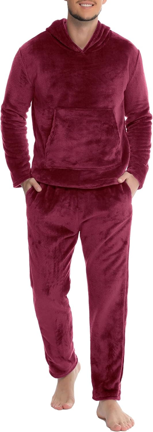 Detalle de Lovasy men’s fleece pyjamas set (2-piece) with fluffy hoodie – warm winter loungewear