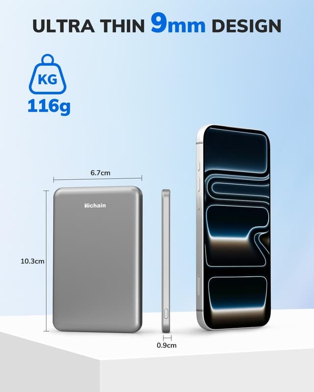 Detalle de Magnetic Power Bank Ultra-Slim Wireless Portable Charger 5000mAh (Grey) with 15W magnetic wireless & 22.5W USB-C fast charging