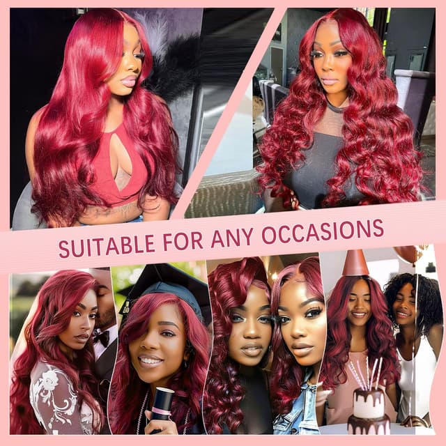 Detalle 2 de pidrez 250% Density 28-Inch Burgundy Human Hair 13x6 Lace Front Wig (99J) Body Wave