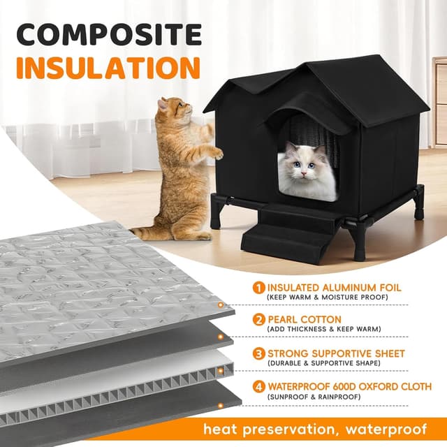 Detalle de Large Outdoor Elevated Double-roof Waterproof Cat House with Stairs, Winter & Summer Weatherproof Warm Shelter (Black)