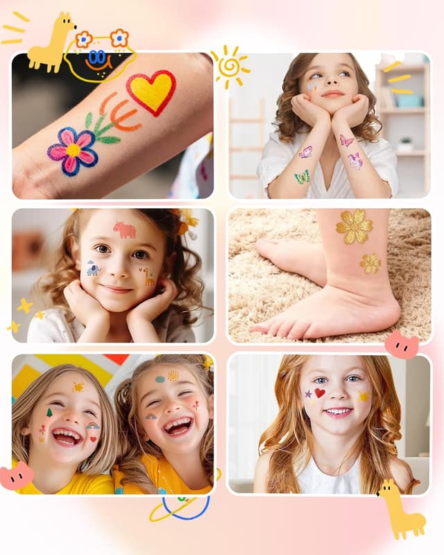 Detalle de Oiomniv Glitzer Tattoo Stifte Kinder (15 Stück) mit Schablonen-Set und 2 temporären Tattoos