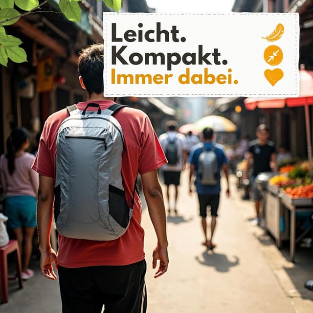 Detalle de Faltbarer Ultraleicht-Rucksack von Backpacker’s Journey (90 g) – kompakt für Tagesausflüge & Reisen