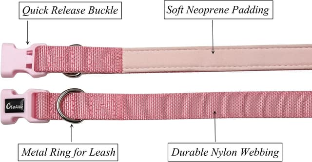 Detalle de Olahibi Dog Collar Leash Set (Small, Light Pink) – Durable nylon webbing with soft neoprene padding