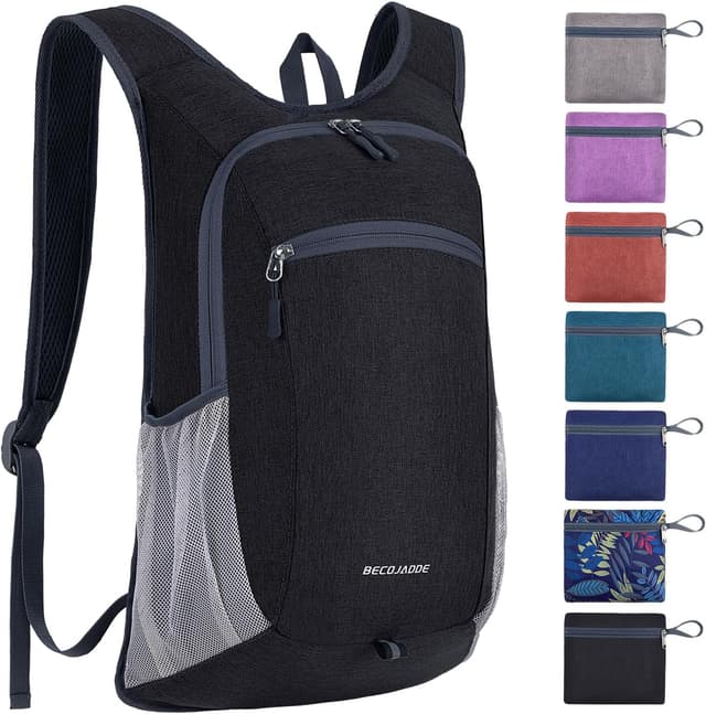 Detalle de BECOJADDE 15L faltbarer Rucksack – leichter Tagesrucksack für Wandern, Reisen und Alltag (wasserabweisend) in Schwarz