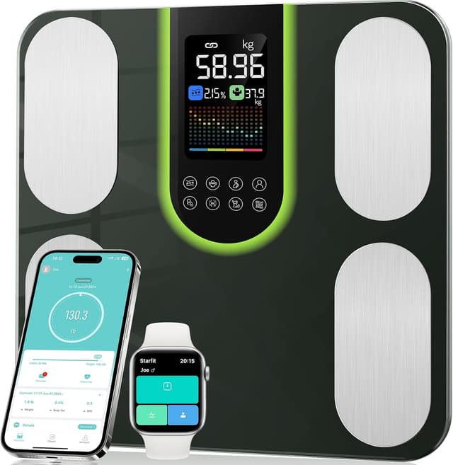 Detalle de Body Fat Scales with 4-Electrode BIA (180kg) + Fitdays App — Smart Bathroom Scales for BMI, Visceral Fat & More