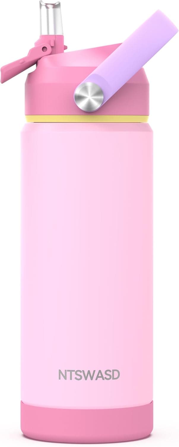 Detalle de Ntswasd Trinkflasche aus Edelstahl mit Strohhalm, 550 ml (BPA-frei) – auslaufsichere Thermoflasche für Schule, Sport & Kinder (Rosa)