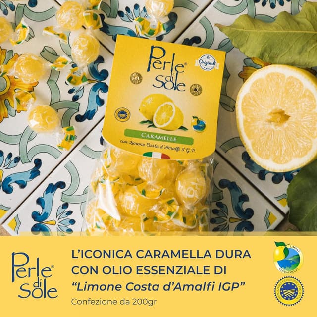 Detalle de Perle di Sole Caramelle dure al Limone Costa d’Amalfi I.G.P. con olio essenziale di limone, 200 g